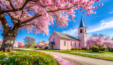 Spring blooming garden with pink cherry blossoms and pink wooden churchの素材