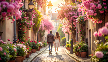 Romantic couple walking in the streets of old european cityの素材