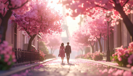 Couple walking in blooming cherry blossom garden. Romantic love conceptの素材