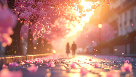 Cherry blossom in the city at sunset. Spring background.の素材