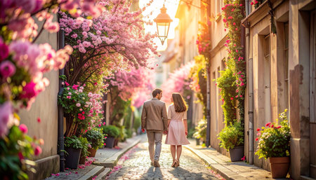 Romantic couple in love walking in the streets of old european cityの素材