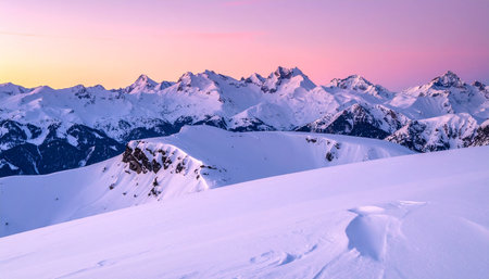 Panoramic view of the mountains at sunset. Caucasus Mountains, Georgia, region Gudauri.の素材