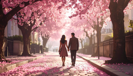 Couple in love walking on the street with cherry blossom trees in springの素材