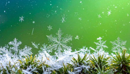 snowflakes on the green grass with snowflakes backgroundの素材