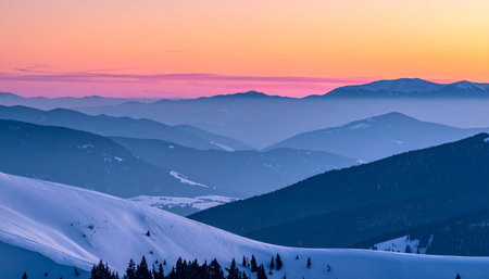 Sunset in the mountains. Beautiful winter landscape. Ski resort.の素材
