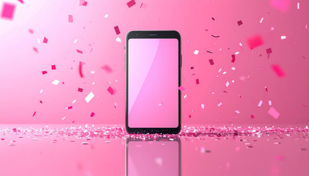 Smartphone with blank screen on pink background with confetti. 3D Renderingの素材