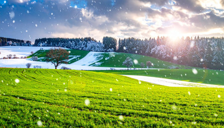Beautiful winter landscape with snow covered trees and meadows. Panoramic view.の素材