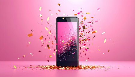 Smartphone with falling confetti on pink background. 3d renderingの素材
