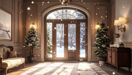 3D rendering of a classic living room with christmas tree and fireplaceの素材