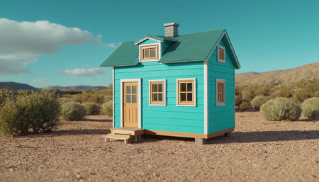3D rendering of a small wooden house on the ground in the desertの素材
