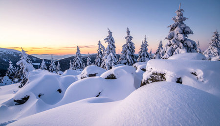 Majestic sunset in the winter mountains landscape. Dramatic wintry scene.の素材