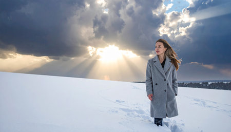 Beautiful young woman standing on a snowy field and looking at the sunの素材