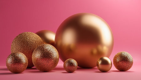 Golden christmas balls on pink background. 3d render illustration.の素材