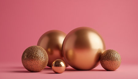 Golden Christmas balls on pink background. 3D render. Holiday concept.の素材