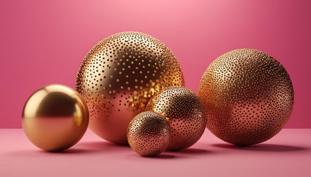 3d render of golden christmas balls on pink background. New year concept.の素材