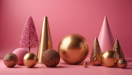 Christmas or New Year composition. Christmas tree, golden baubles and confetti on pink background. 3D renderingの素材