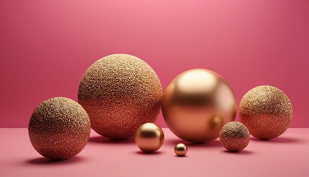 3d render of golden christmas balls on a pink background.の素材