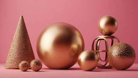 3d render of golden christmas baubles on pink backgroundの素材