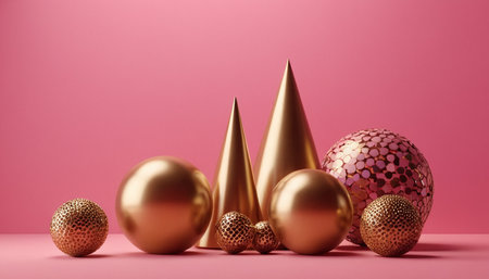 Christmas and New Year background with golden and pink decorations. 3D Renderの素材