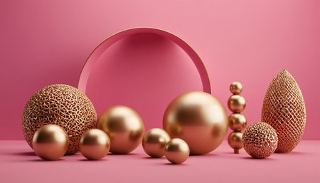 3D rendering of golden christmas balls on pink background. Minimal holiday concept.の素材