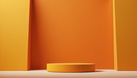 3d rendering of orange podium for product display. Abstract minimal scene with geometrical forms.の素材