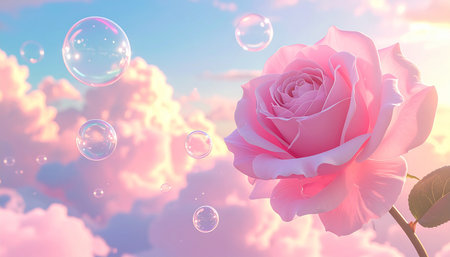 Pink rose with soap bubbles in the sky. 3D illustration.の素材