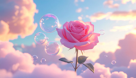 Beautiful pink rose with bubbles in the sky. 3D renderingの素材