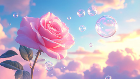 Pink rose with soap bubbles in the sky. 3D illustration.の素材