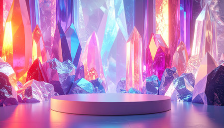 3d render of empty podium with crystals on the background. Scene for product presentation.の素材