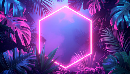 Summer background with tropical plants and neon glowing hexagon frame. Vector illustration.の素材
