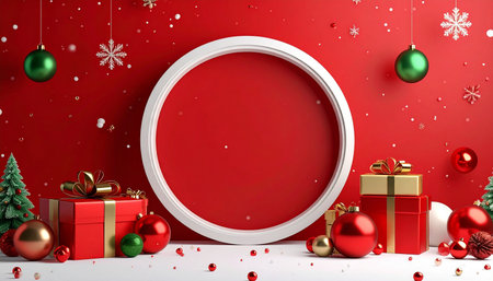 3d render christmas background with red circle frame and christmas decorationの素材