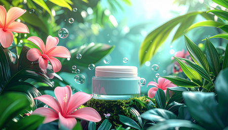 Cosmetic cream with tropical flowers and leaves. 3d rendering.の素材