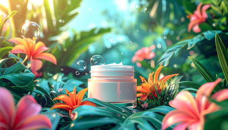 Cosmetic cream in a jar surrounded by tropical plants and flowers. 3d renderingの素材