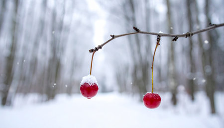 Red cherries on a branch covered with snow in the winter forestの素材