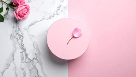 Flat lay composition with pink gift box on white and pink backgroundの素材