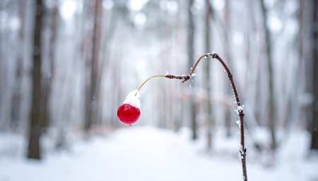 red berry on a branch covered with snow in the winter forestの素材