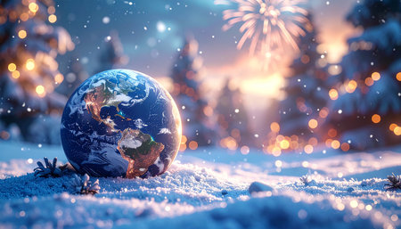Globe of the planet Earth in the snow. Christmas background.の素材