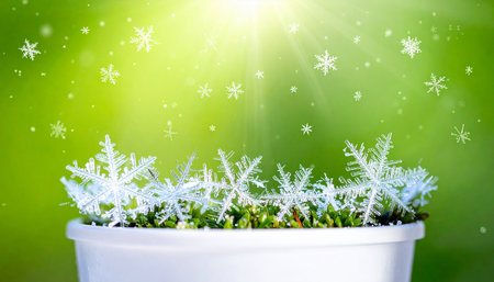 Snowflakes in a flower pot on a background of green grassの素材