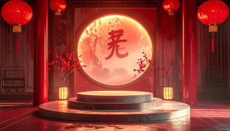 Chinese New Year podium and red paper lanterns, 3D renderingの素材