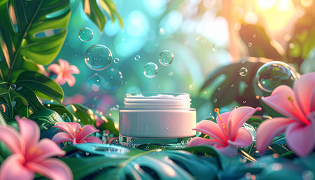 Cosmetic cream on the background of tropical plants. 3D renderingの素材