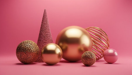 Christmas tree made of golden and pink balls on pink background. 3D renderingの素材