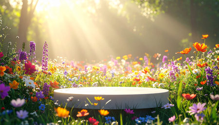 Empty wooden table in the garden with spring flowers and sunbeamsの素材