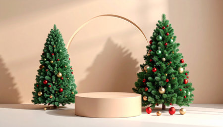 3d render of podium for product display with Christmas tree and ballsの素材
