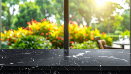 Empty black marble table top and blurred garden background. For product displayの素材