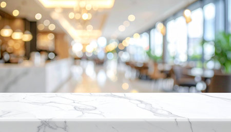Empty white marble table top and blur restaurant background, product display montageの素材