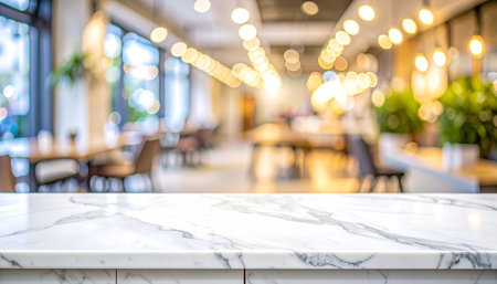 Empty white marble table and Coffee shop blur background with bokeh image.の素材