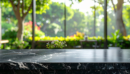 Black marble stone table top and blur green garden background with bokeh image.の素材