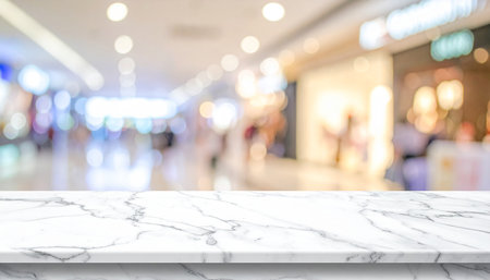 Empty white marble table top and blur shopping mall background, product display montageの素材