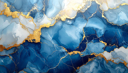 Marble abstract background with gold and blue paint. Liquid marble pattern.の素材