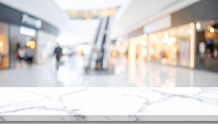 Empty white marble table top and blur shopping mall background, product display montageの素材